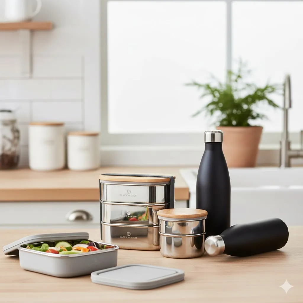 Black and Blum Stainless Steel Water Bottles and Lunch Boxes