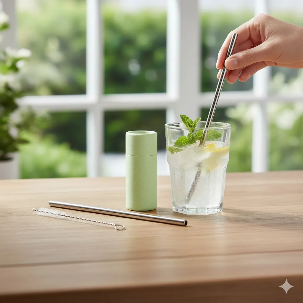 Reusable Straw made of Steel with a Plant-Based Case