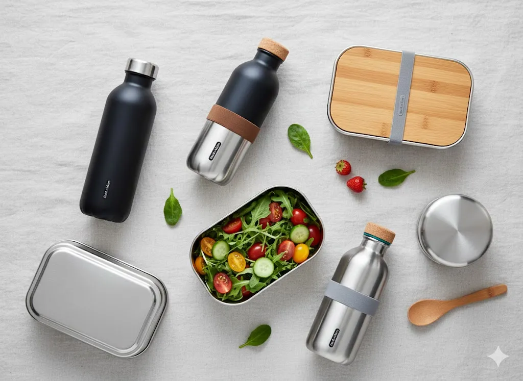 Black and Blum Stainless Water Bottles and Lunch Boxes