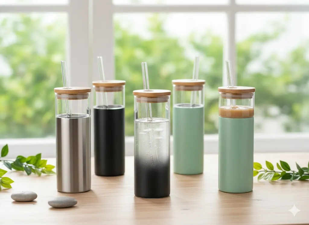 Glass Water Bottles w/Bamboo Lids and Stainless-Steel Sleeves